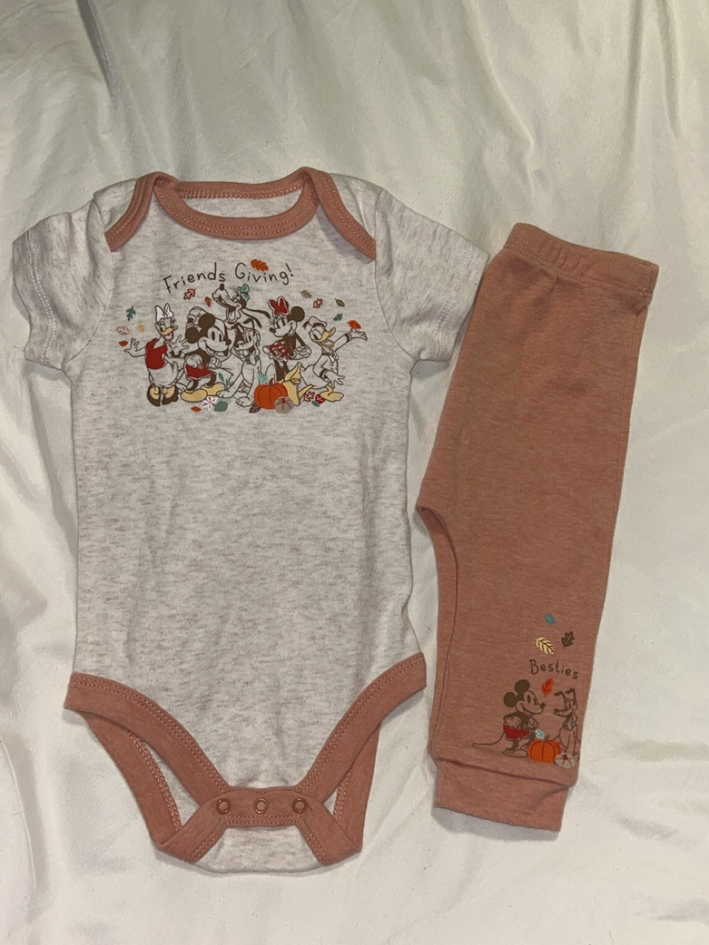 Disney Heather White and Rust Friends-Giving Mickey & Friends Baby One-Piece Set
